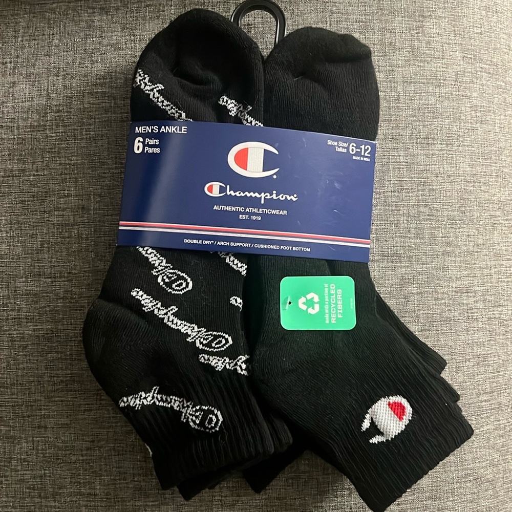 New Champion Authentic Athleticwear Black Ankle Socks 6 Pairs Shoe Size 6-12